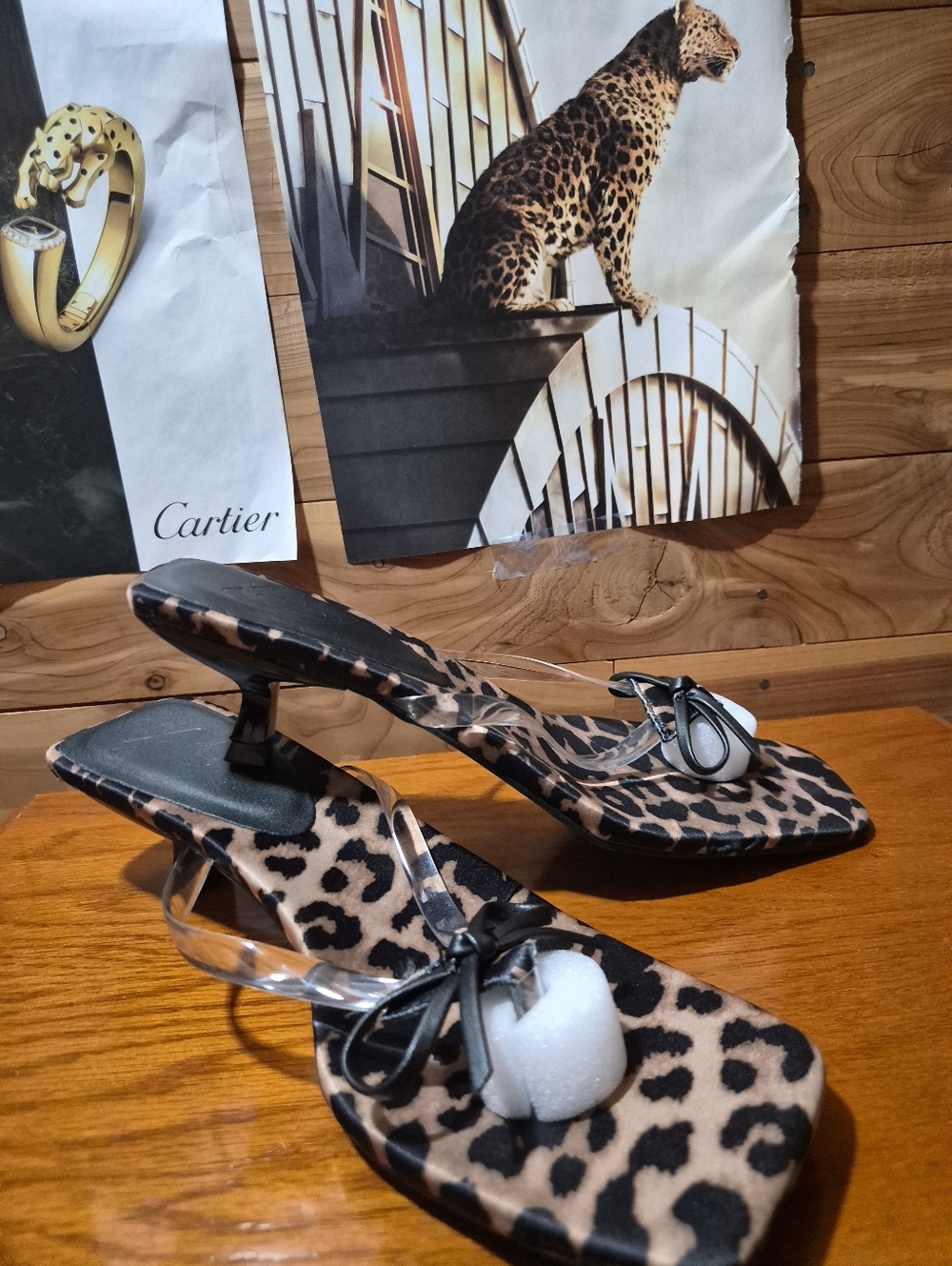 Fashion Nova Leopard Print Slide Sandals with Clear Straps and Black Bow